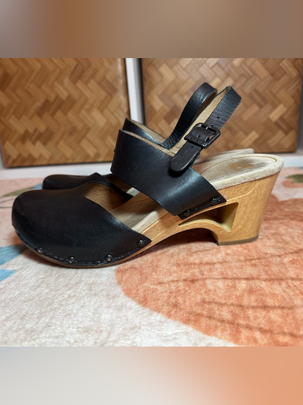 Dansko Black Leather Slingback Clogs with Wooden Heel